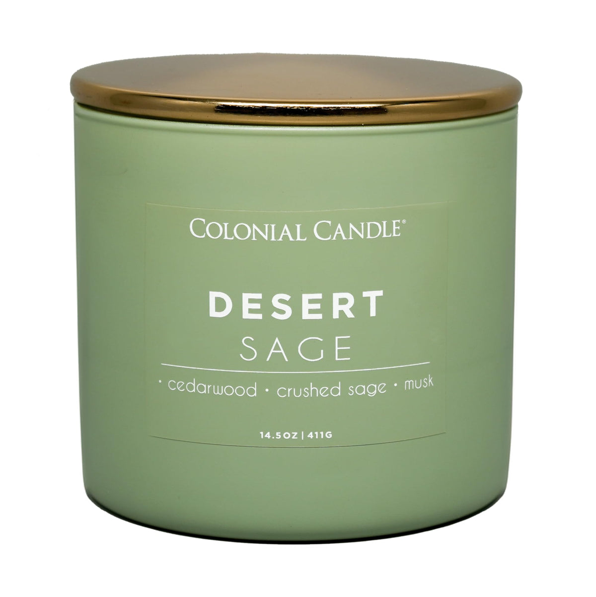 Colonial Candle Desert Sage jar displays a three-wick design for even aroma distribution.