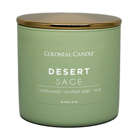 Colonial Candle Desert Sage jar displays a three-wick design for even aroma distribution.