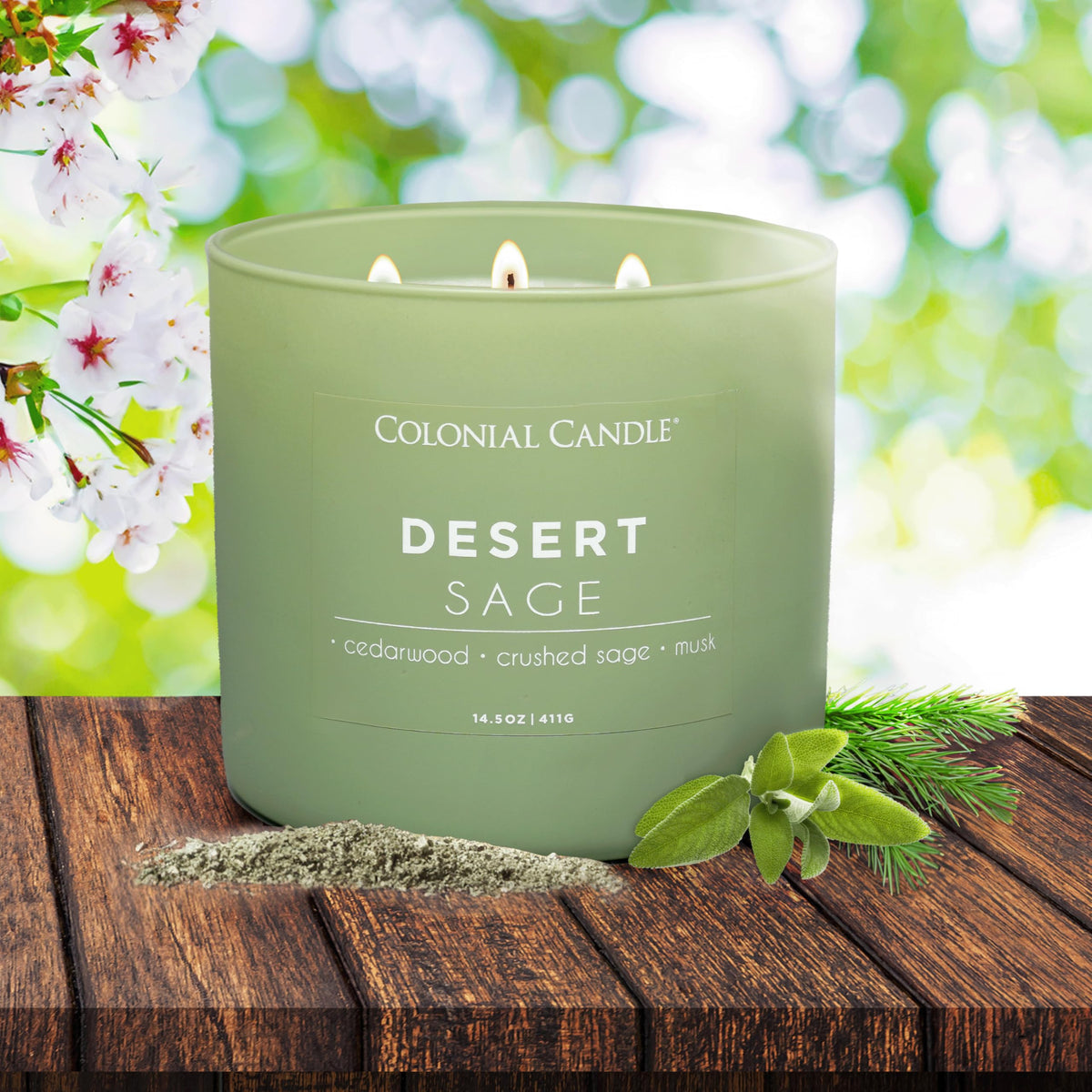 Colonial Candle Desert Sage wick close-up captures ongoing aroma with steady burn.