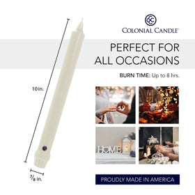Colonial Candle ivory taper showing cotton wick for clean burn