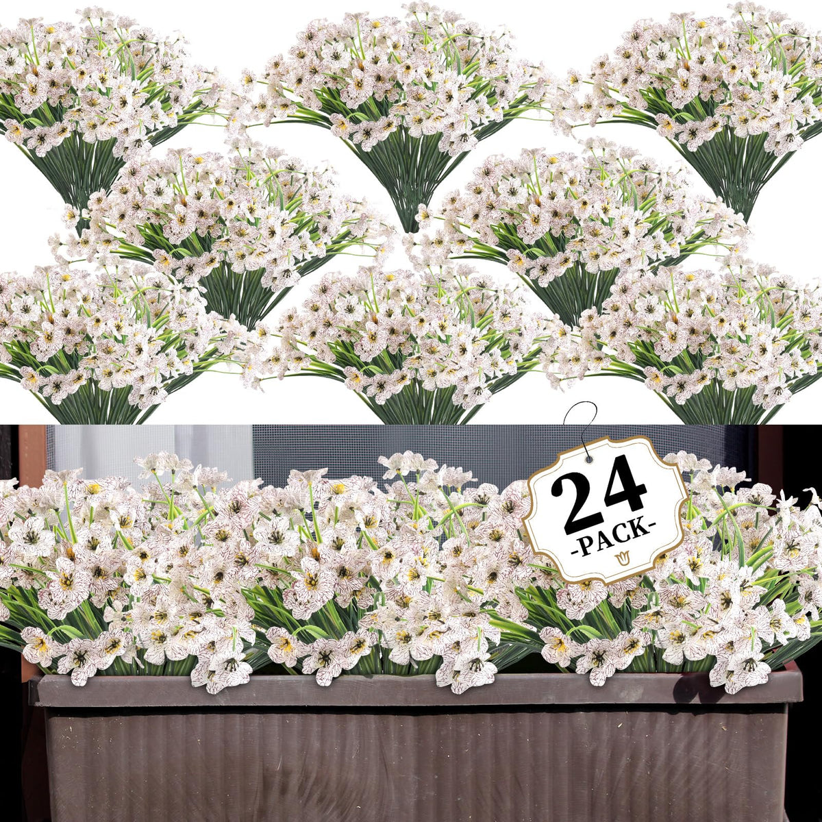 ColoPlay 24-bundle artificial flowers in white for bright indoor decor and year-round color.