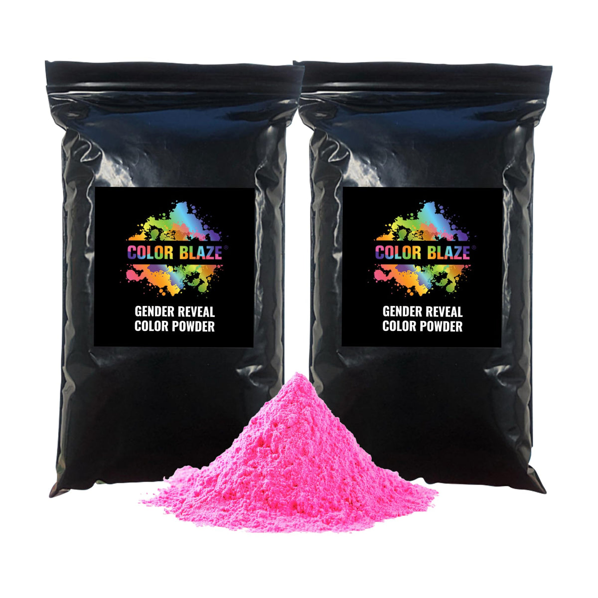 Color Blaze black-out packaging pink powder for discreet gender reveal moments.
