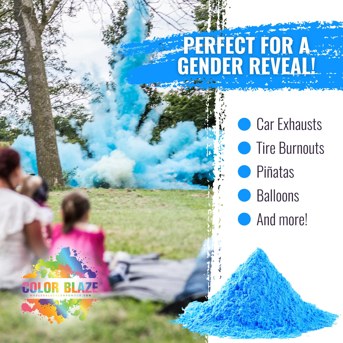 Color Blaze blue birthday party setup with powder accents