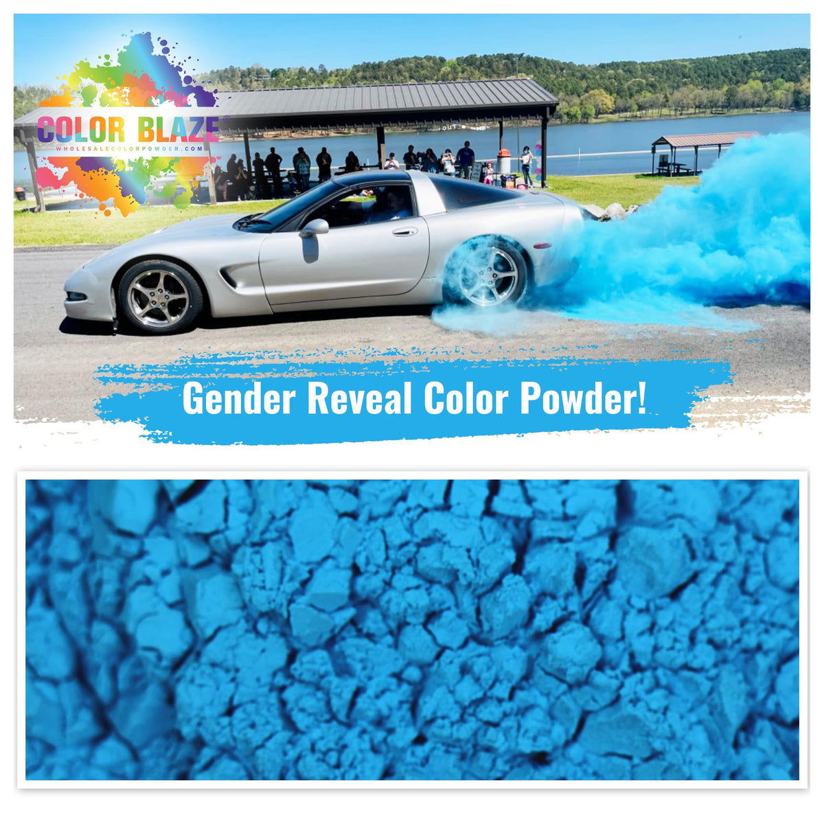 Color Blaze blue color powder burst showcases vivid shade for memorable reveals.