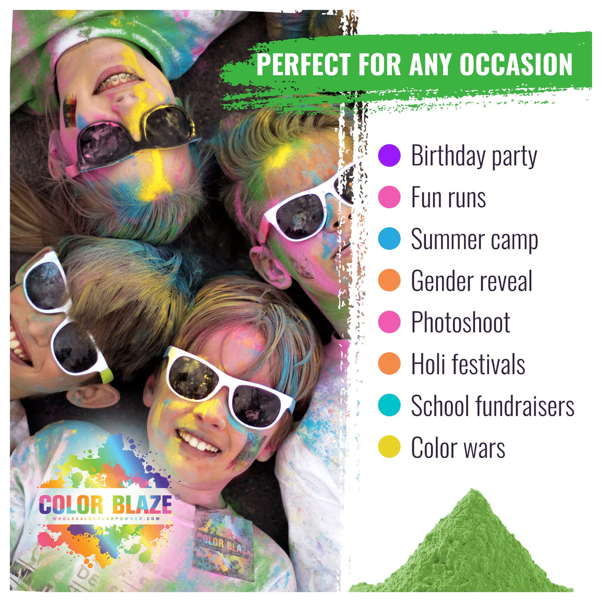 Color Blaze Holi teal powder creates contrast and excitement.