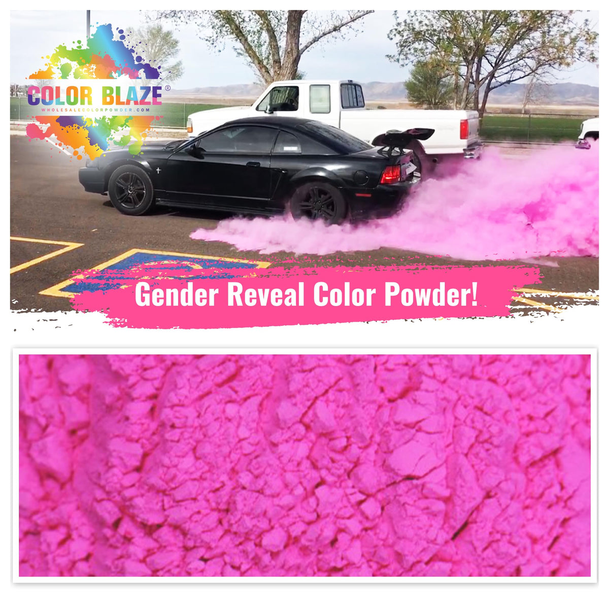 Color Blaze pink powder burst highlights bold gender reveal photos and videos.