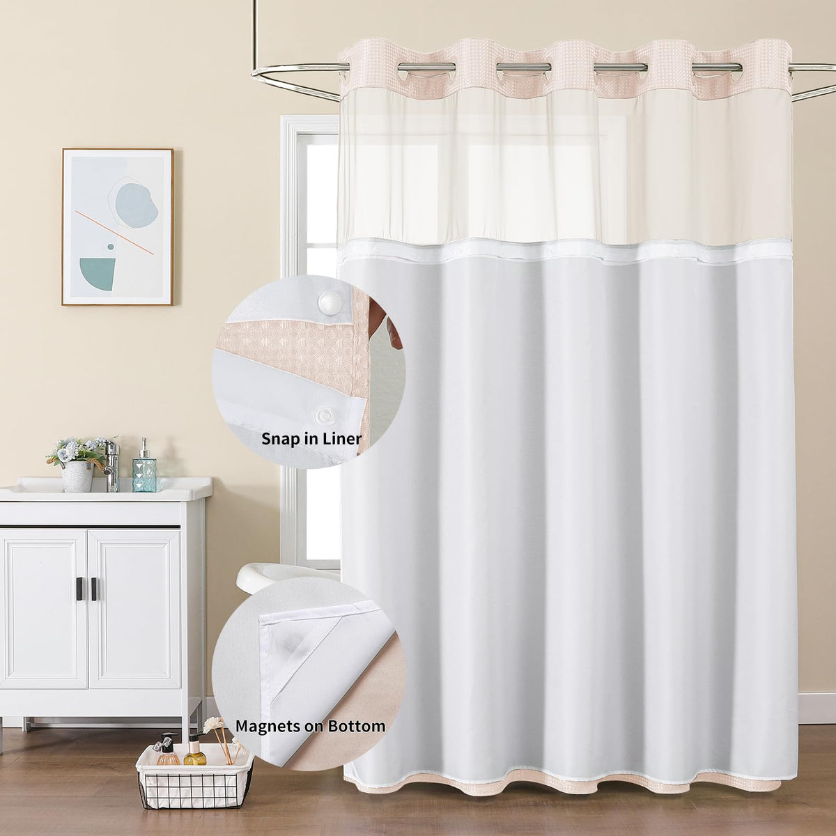 Colorful Star mesh-window shower curtain lets light in while privacy is maintained.