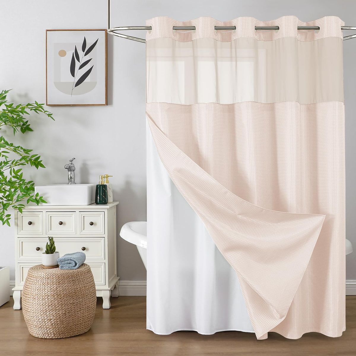 Colorful Star no-hook shower curtain in blush pink for easy setup.