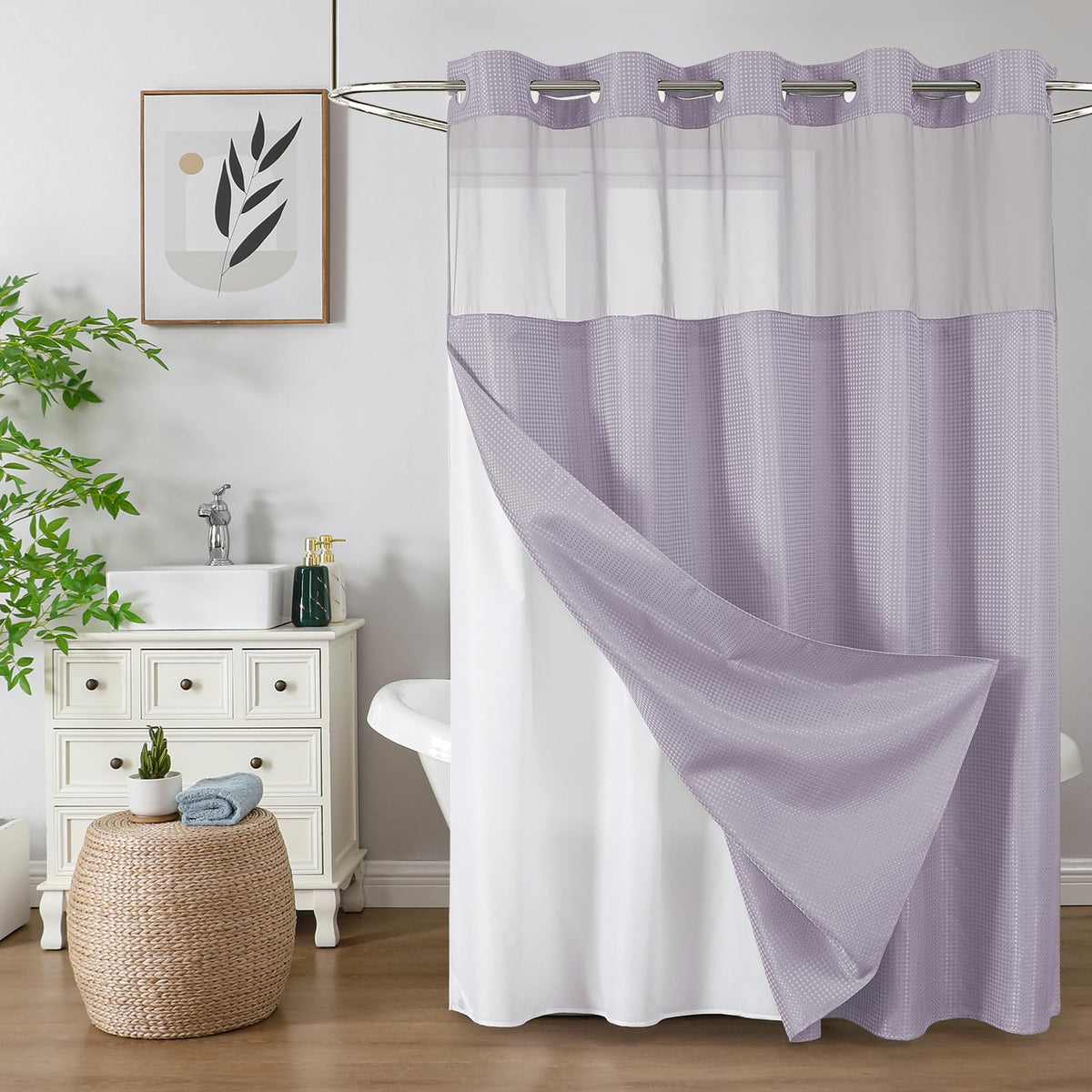 Colorful Star no-hook shower curtain with mesh window in lavender for airy privacy
