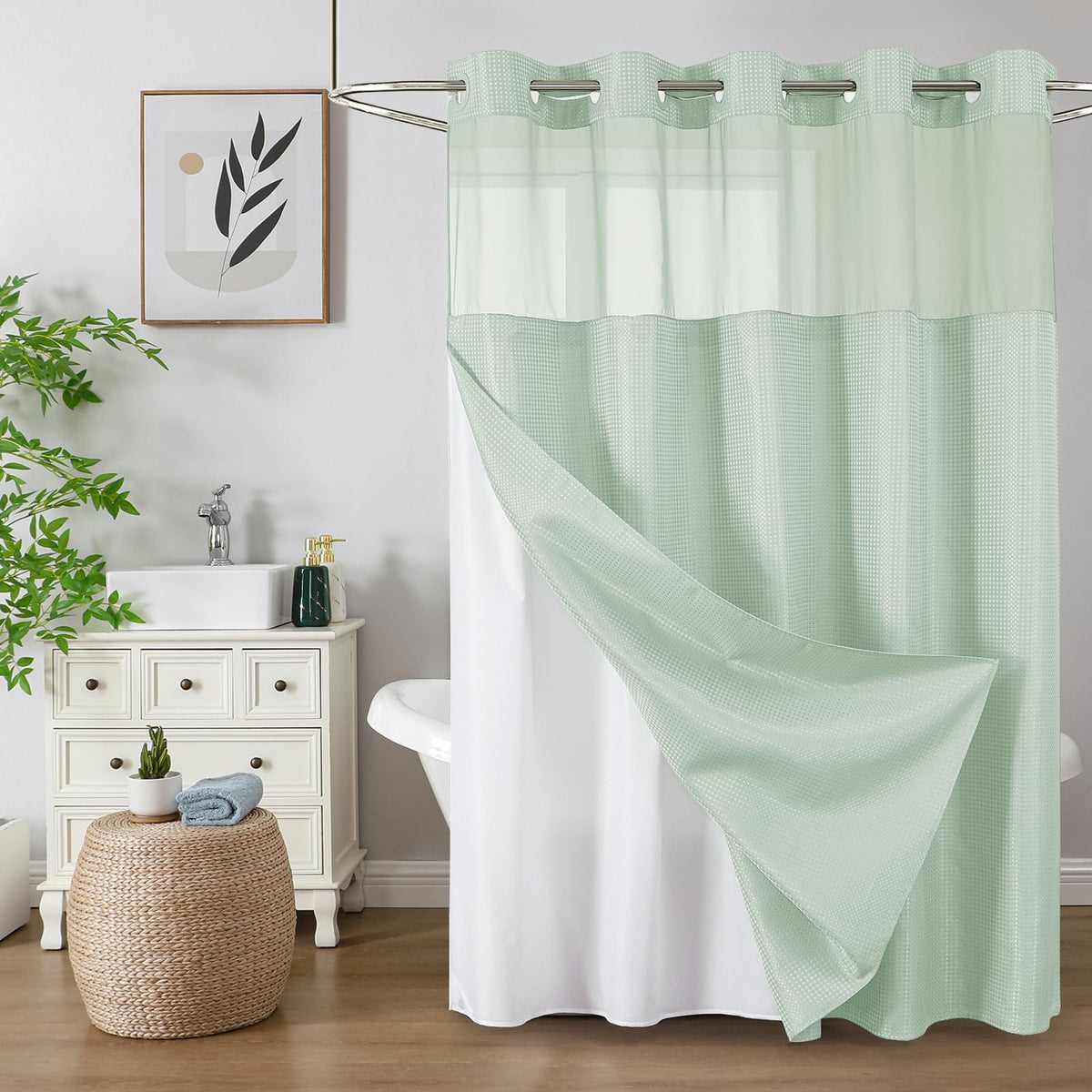 Colorful Star no-hook shower curtain with mesh window lets light in while keeping privacy.