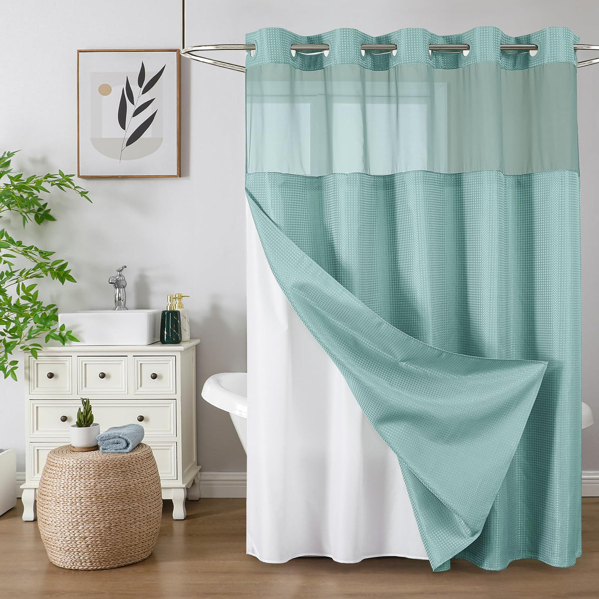 Colorful Star No Hook Shower Curtain with mesh window for quick airflow and privacy.