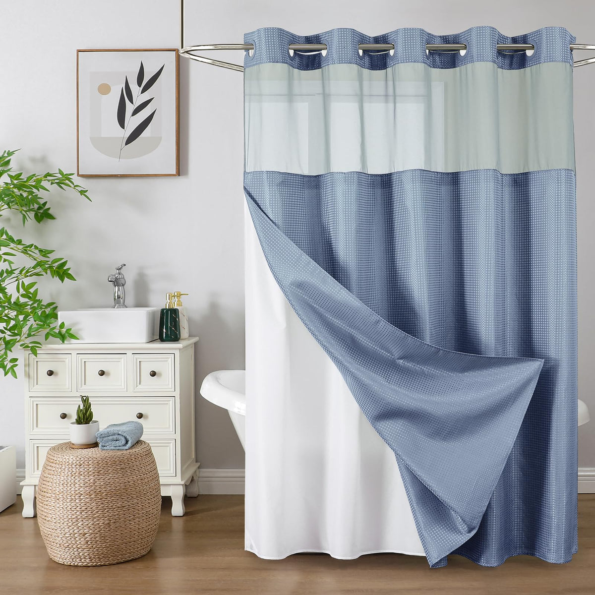 Colorful Star no hook shower curtain with mesh window for airy privacy and light