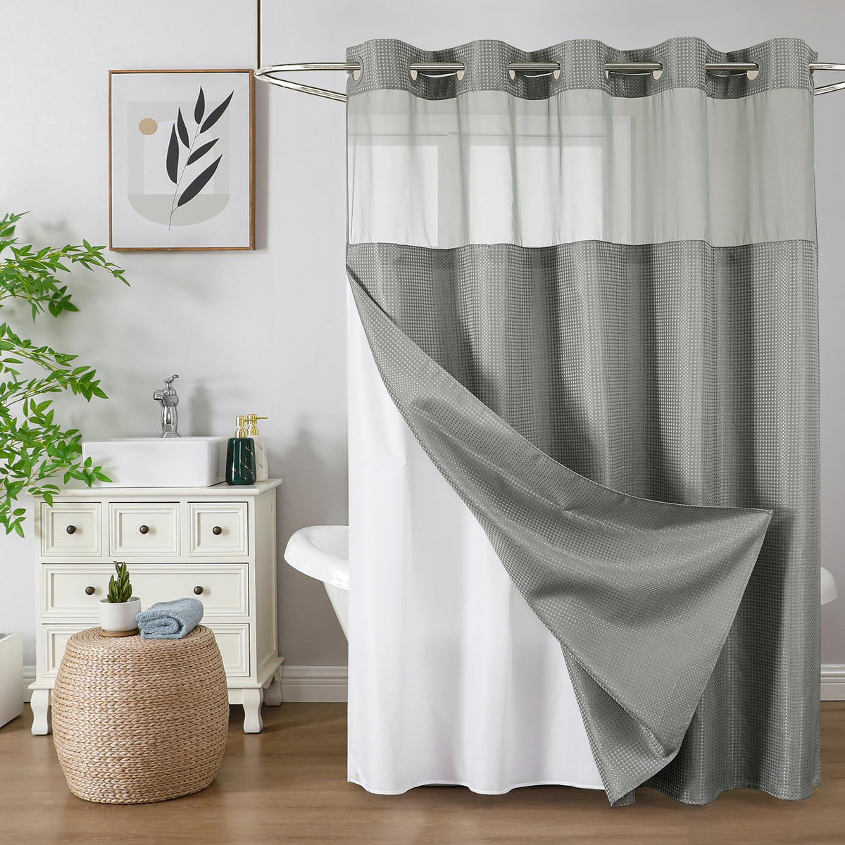 Colorful Star no-hook shower curtain with snap-in liner eases setup and use