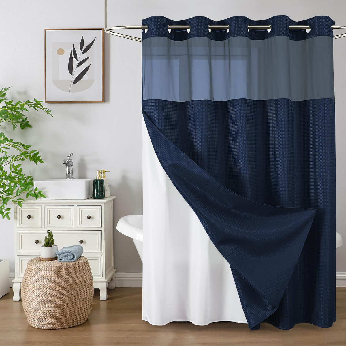 Colorful Star no-hook shower curtain with navy waffle weave for elegant privacy and drape.