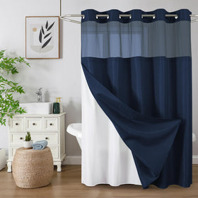 Colorful Star no-hook shower curtain with navy waffle weave for elegant privacy and drape.