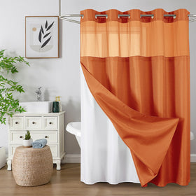 Colorful Star no-hook shower curtain with waffle weave adds style and quick-drying practicality.