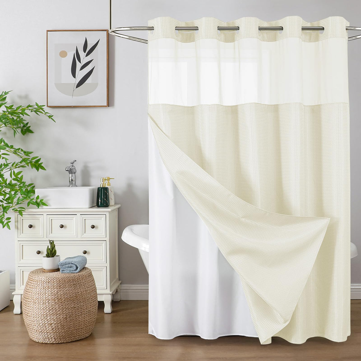 Colorful Star no-hook shower curtain with snap-in liner for easy installation.