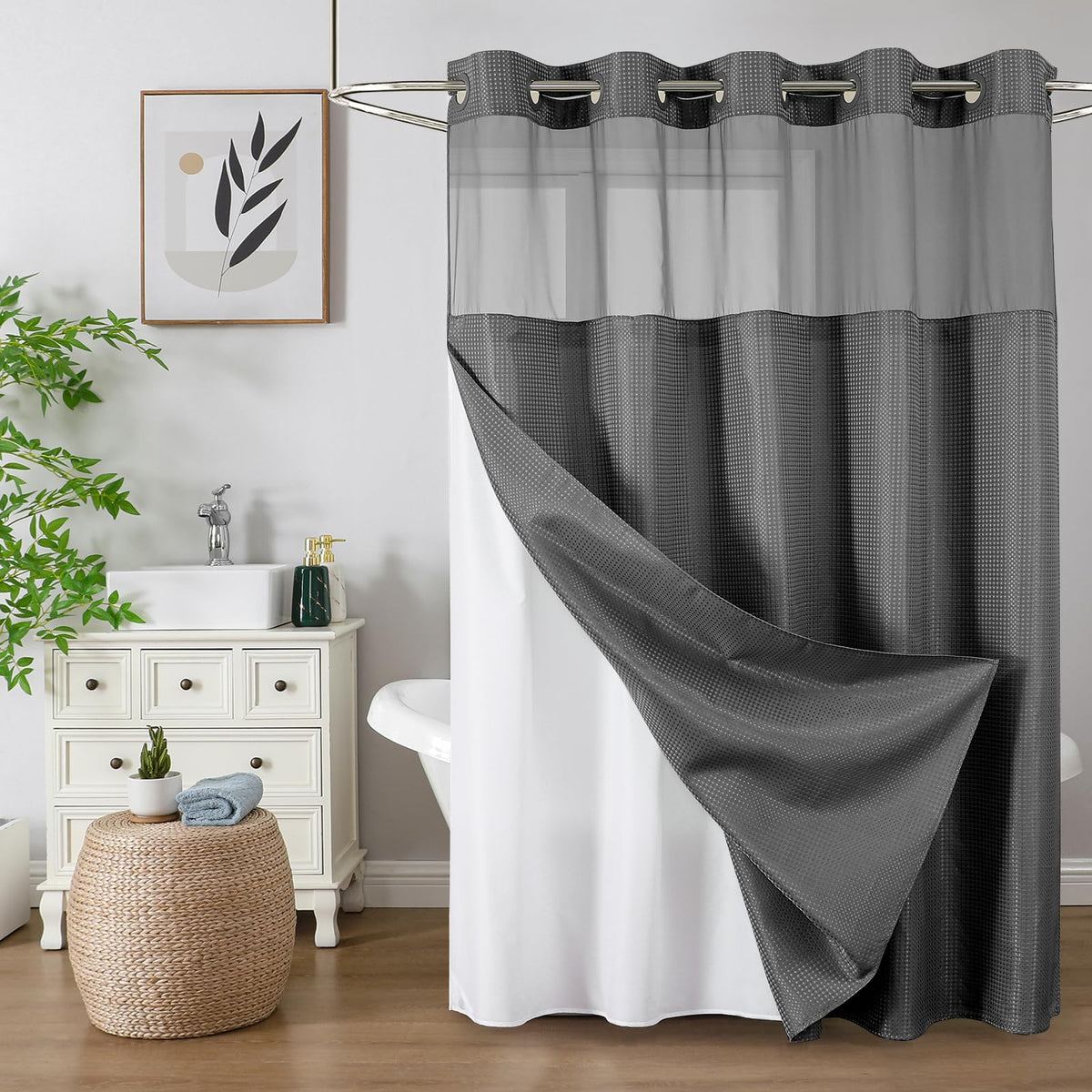 Colorful Star No Hook Waffle Shower Curtain with mesh window for light and privacy.