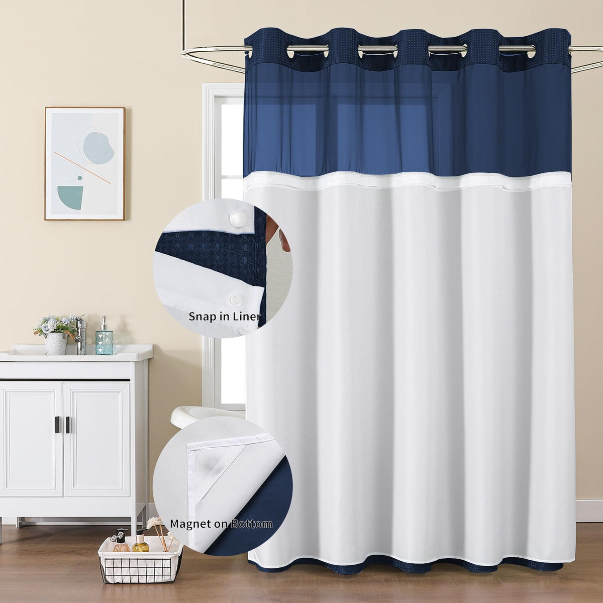 Colorful Star shower curtain mesh top window lets light in while preserving privacy.