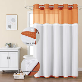 Colorful Star snap-in liner shower curtain shows quick installation without hooks.