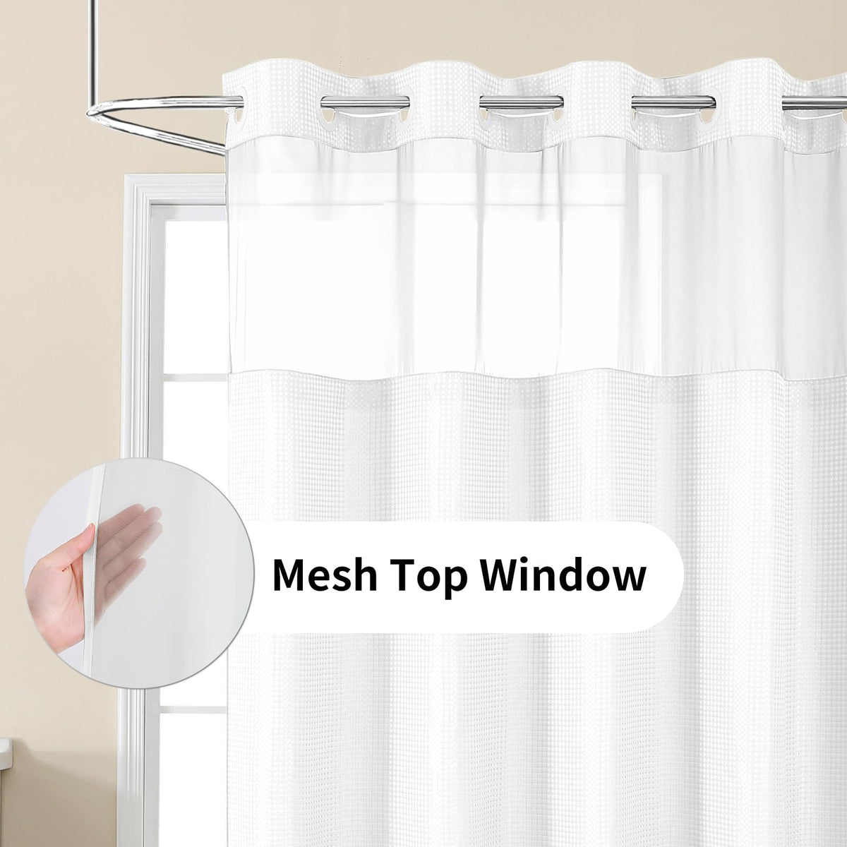 Colorful Star waffle-weave curtain finished in crisp white for a stylish bathroom.