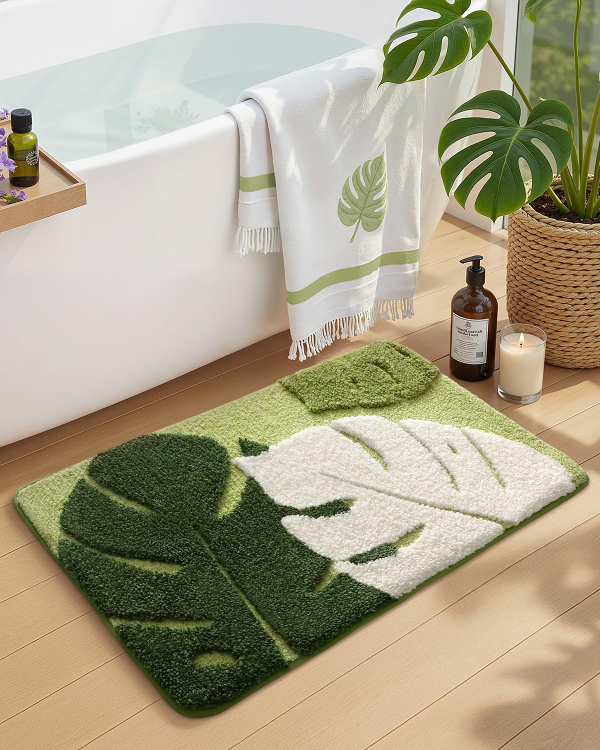 Color&Geometry non-slip backing helps this rug stay in place on bathroom floors.