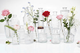 ColoVie 16-pack bud vase set for wedding centerpieces, clear glass and versatile styles.