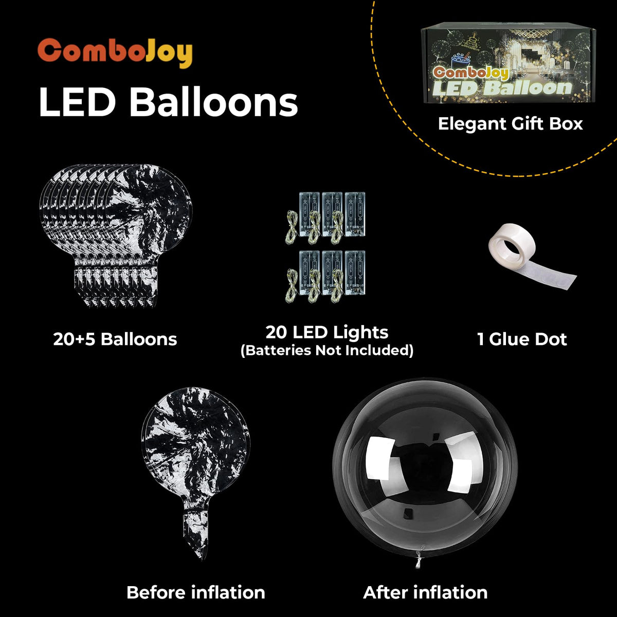 ComboJoy LED balloons include 20 light strips for bright, customizable ambience.