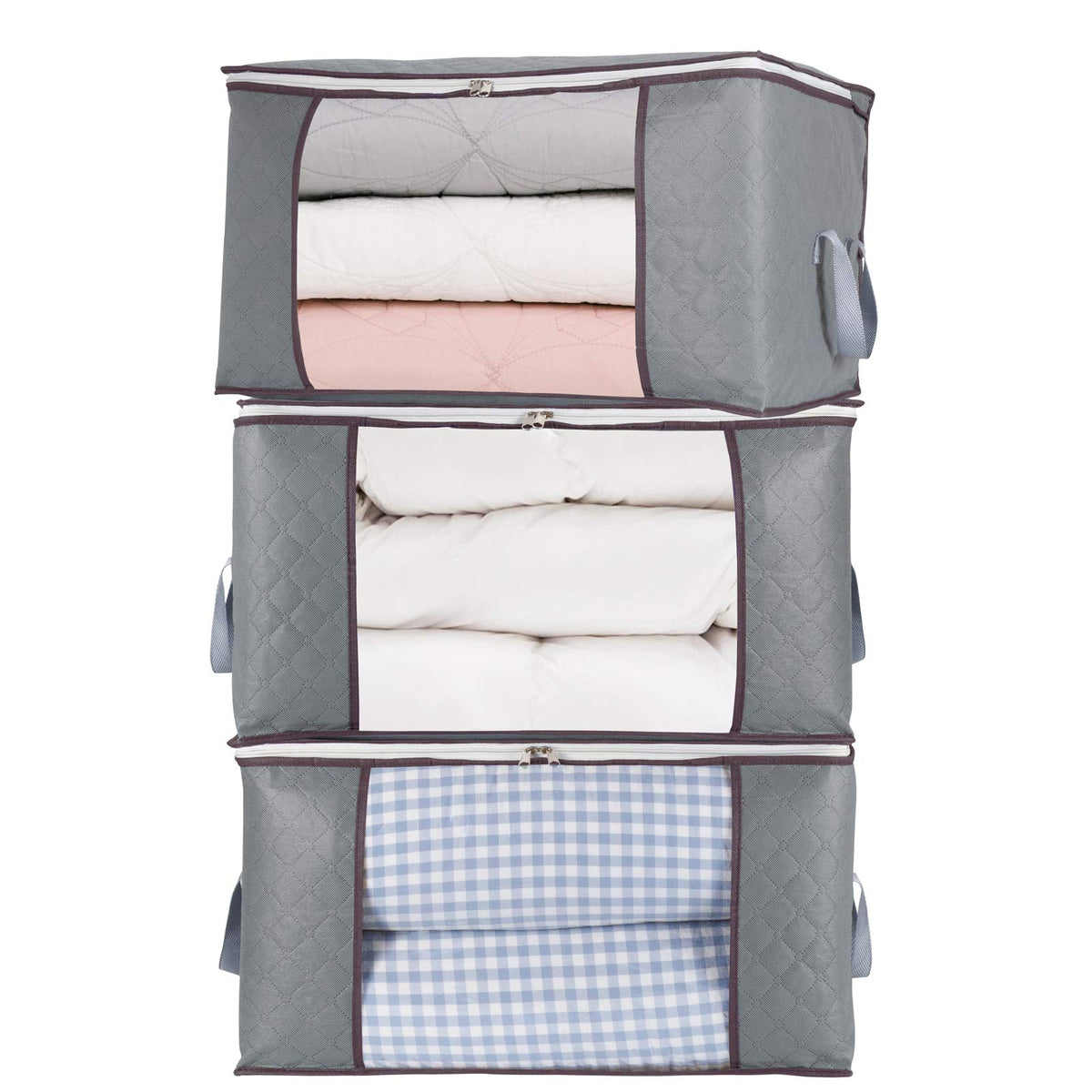 combocube storage bag with large clear window shows king-size bedding at a glance