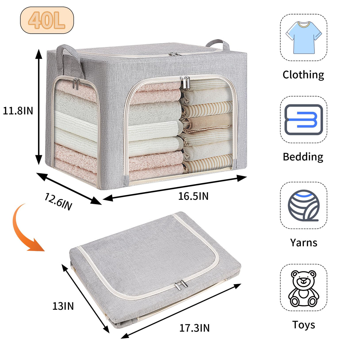 combocube 40-liter capacity stores sweaters, linens, and blankets