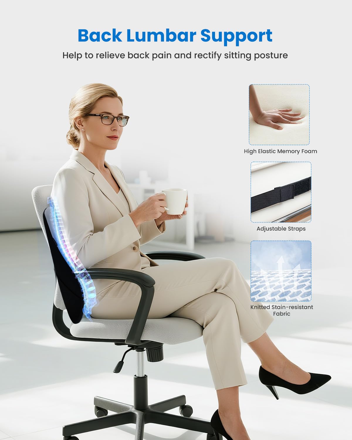 COMFIER lumbar support pillow showing three vibration modes for relaxation