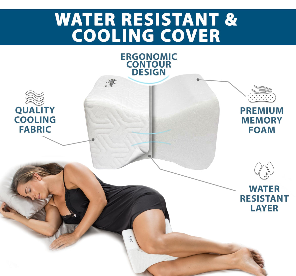 Adjustable strap on ComfiLife knee pillow for stable side sleeping