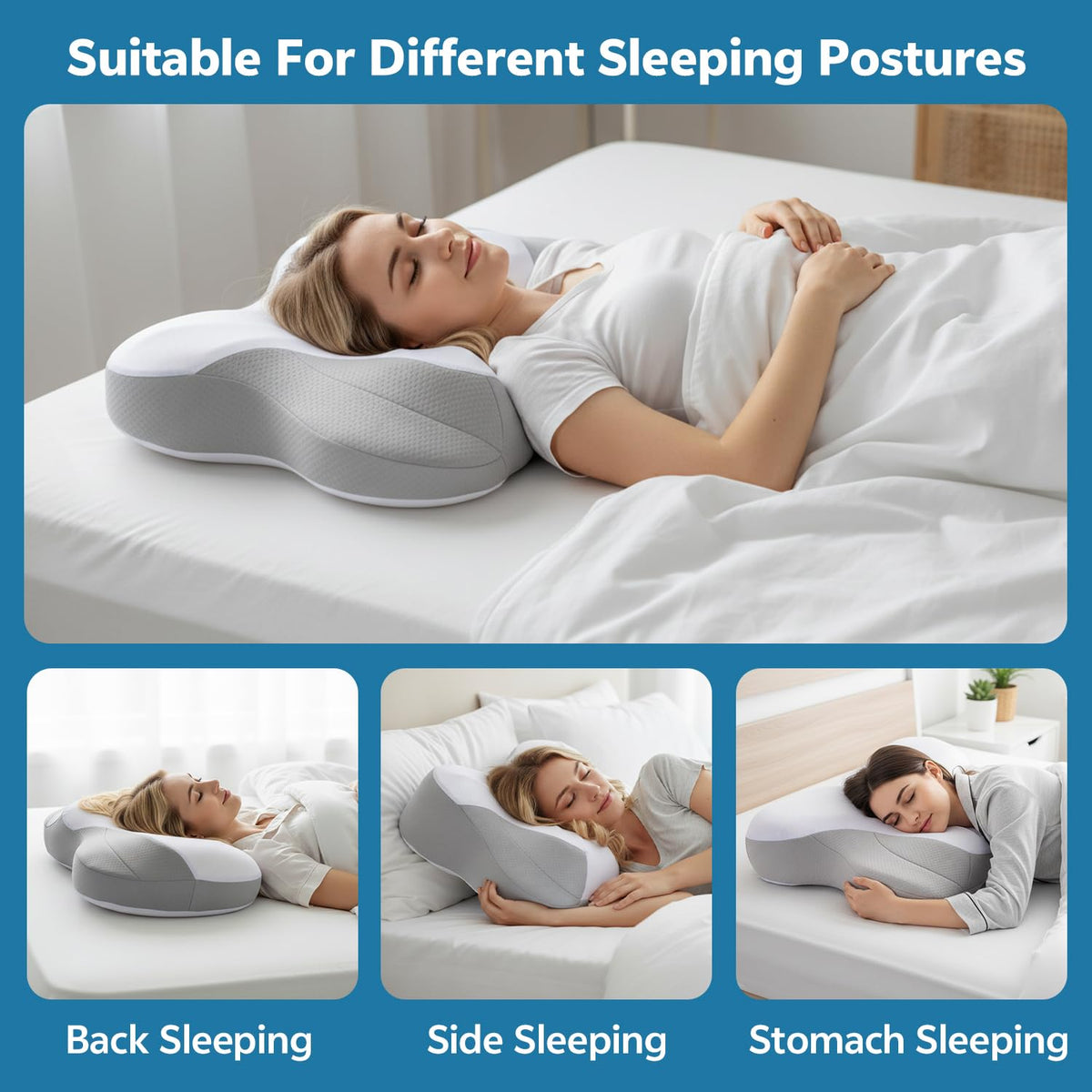 COMFORLAY butterfly-shaped ergonomic pillow supports side and back sleepers.
