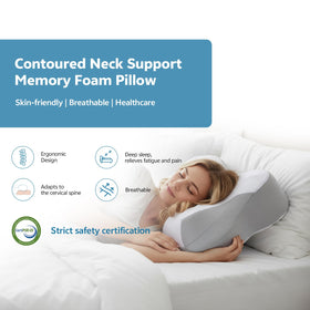 COMFORLAY memory foam contour hugs the neck for aligned spine and posture.