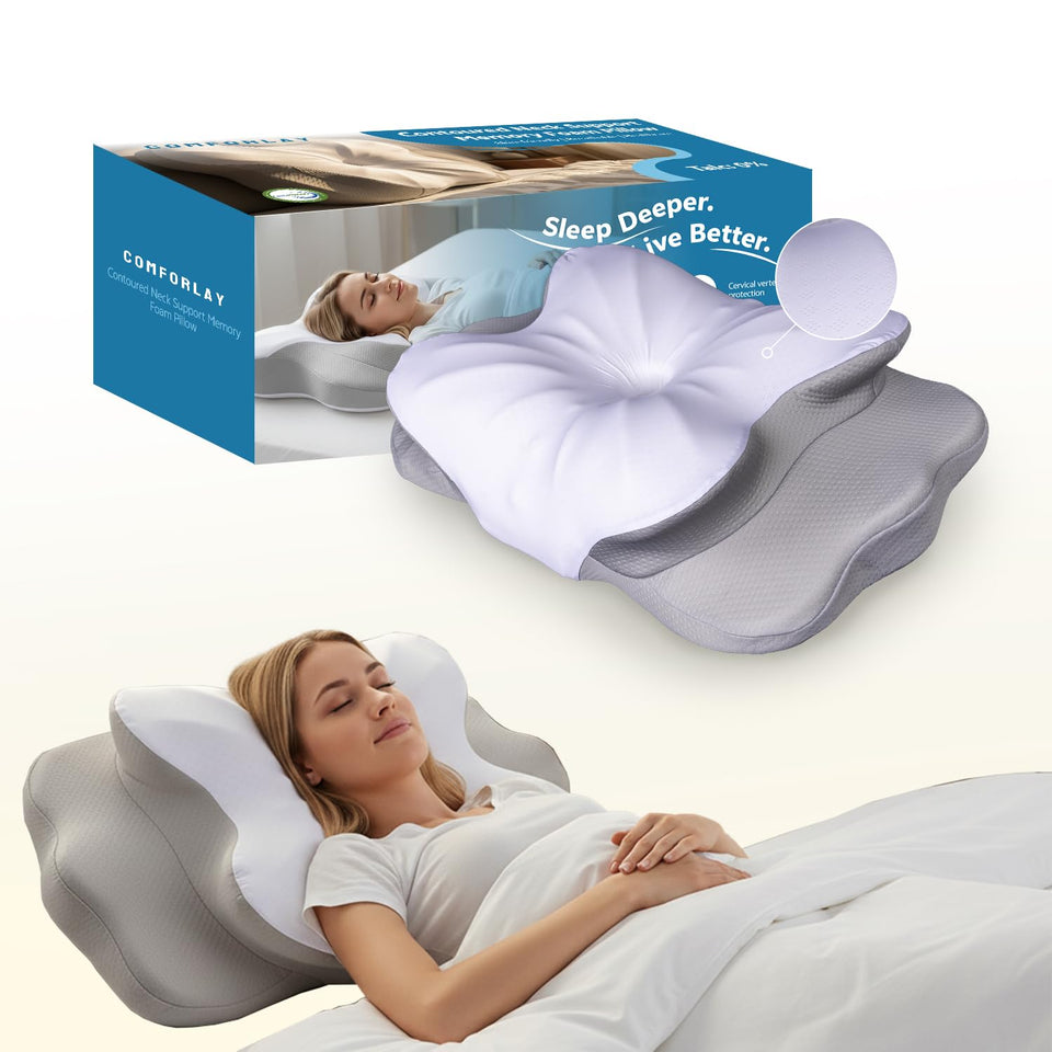 COMFORLAY talc-free pillow top view showing ergonomic shape and breathable surface.