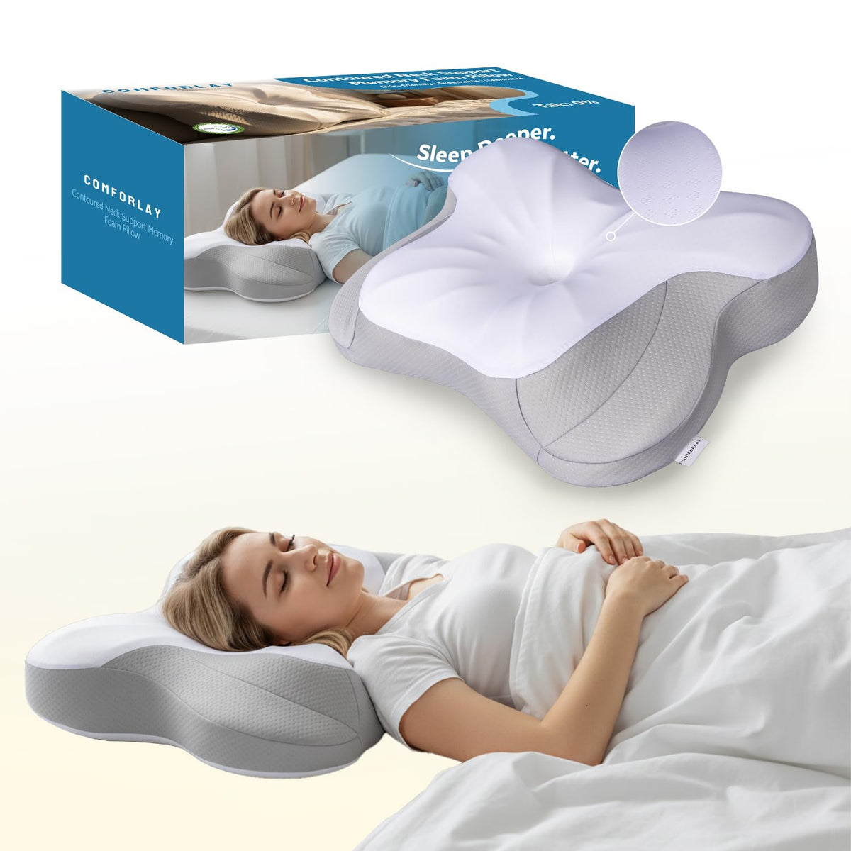COMFORLAY talc-free cervical pillow, top view for neck support and breathability.