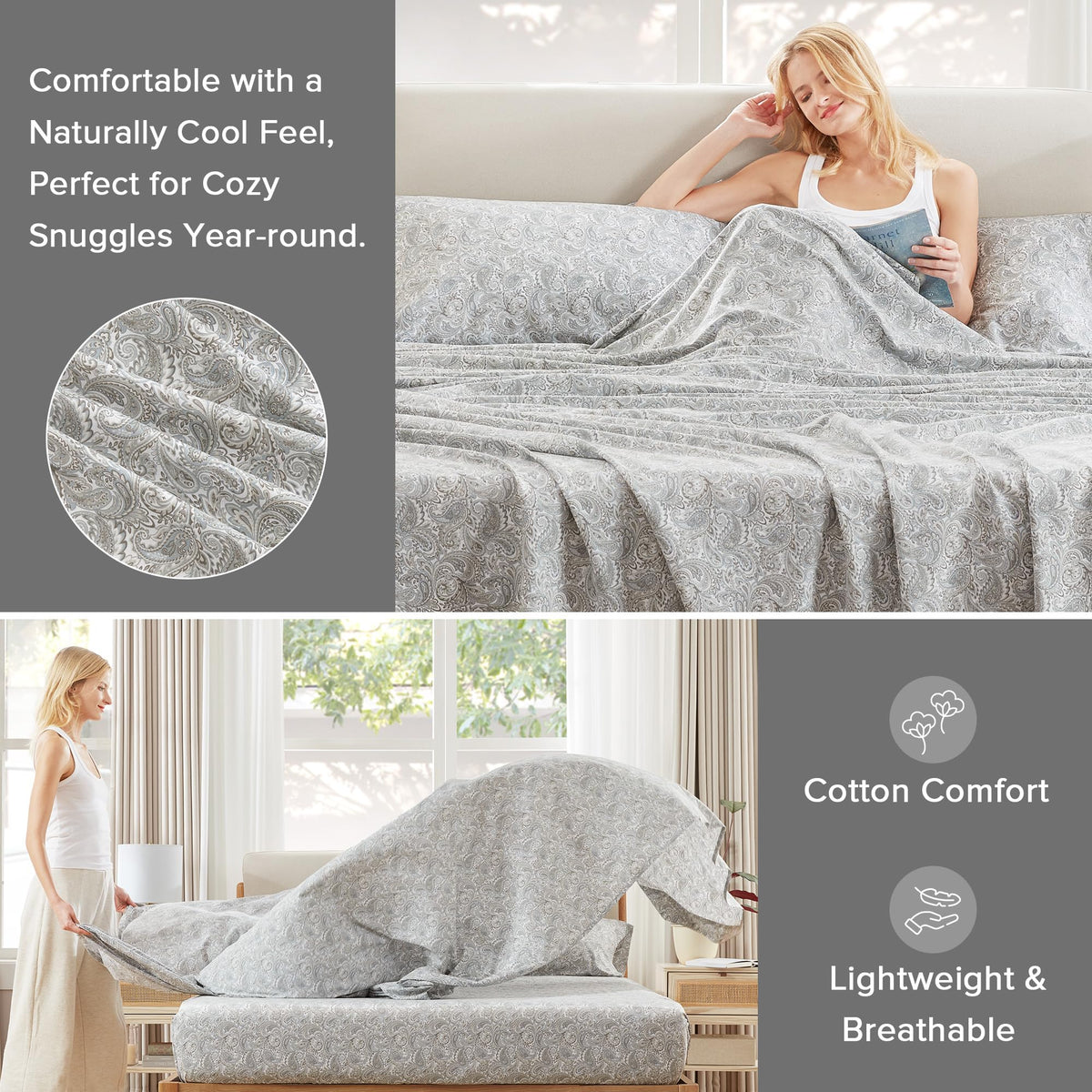 Comfort Spaces 100% cotton sheets stay cool and breathable