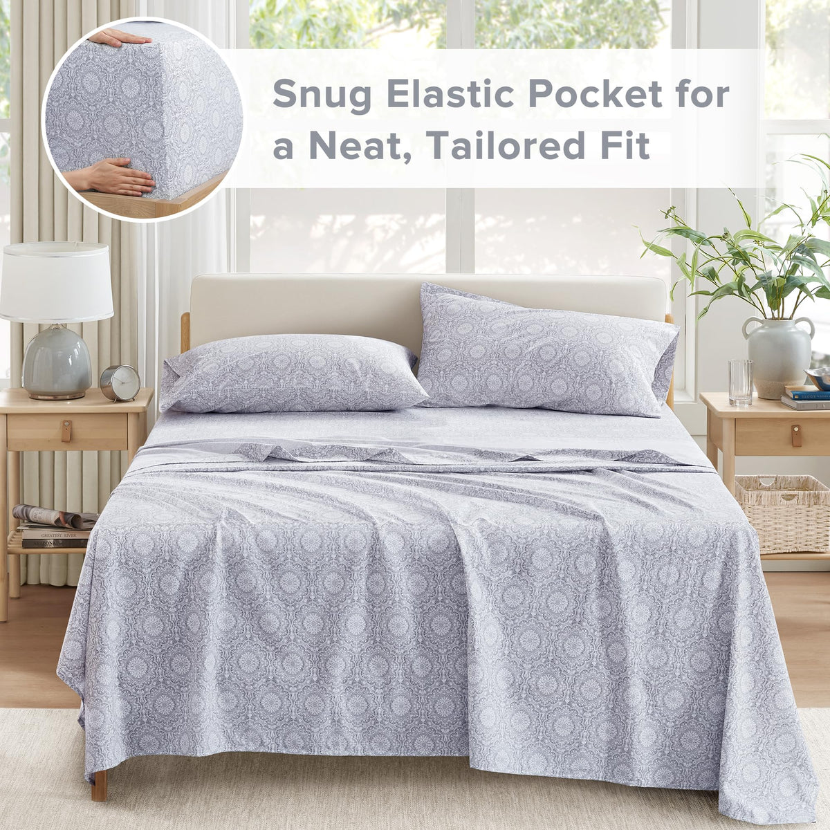 Layered Comfort Spaces Adelia Gray sheets suggesting inviting bedding.