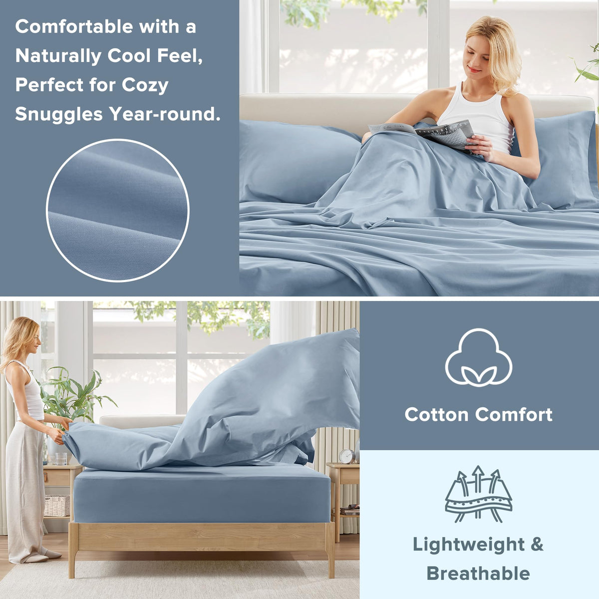 Comfort Spaces bedroom scene in blue bedding, inviting all-season comfort.