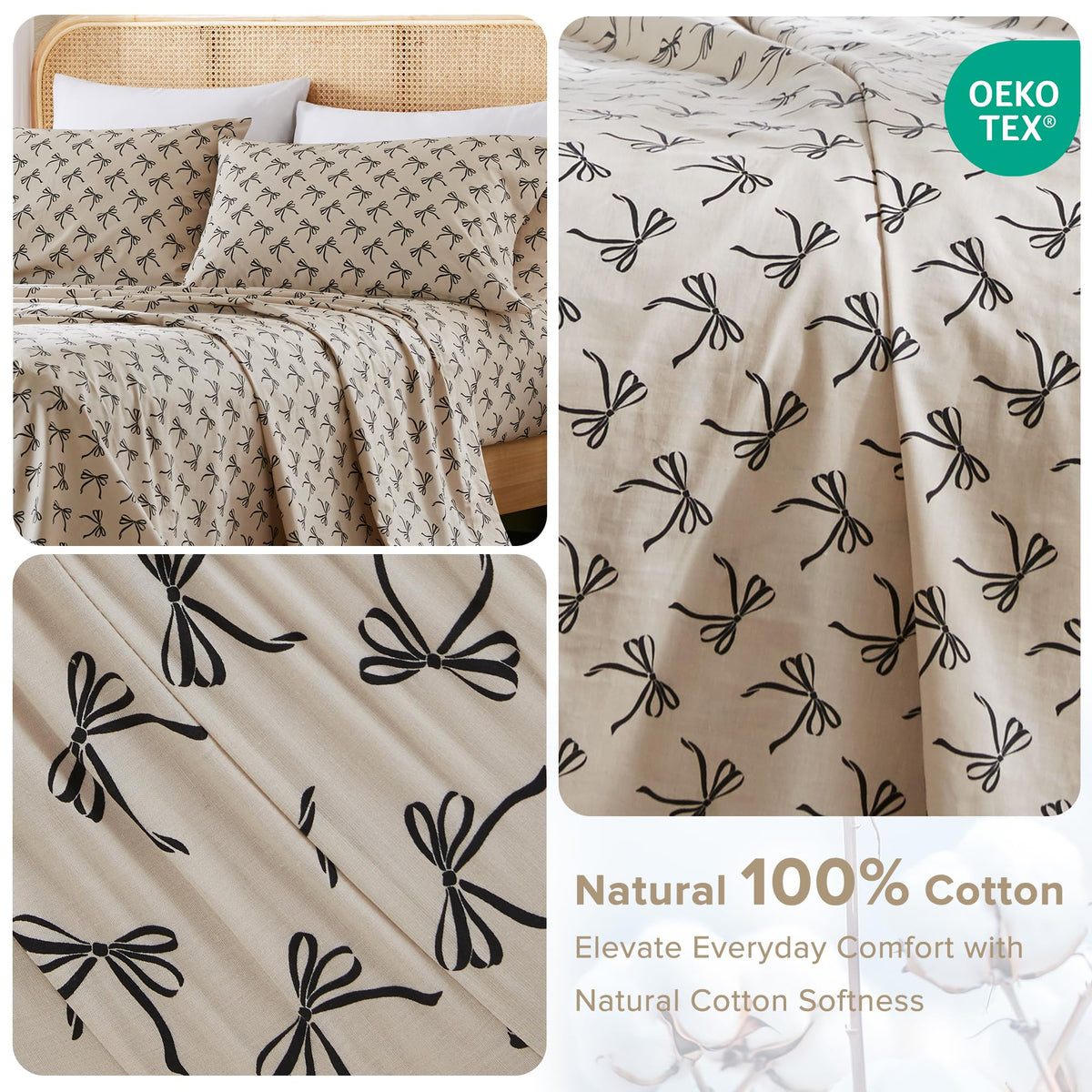 Comfort Spaces Bow Black Taupe fitted sheet with 12-inch pocket secures deep mattresses