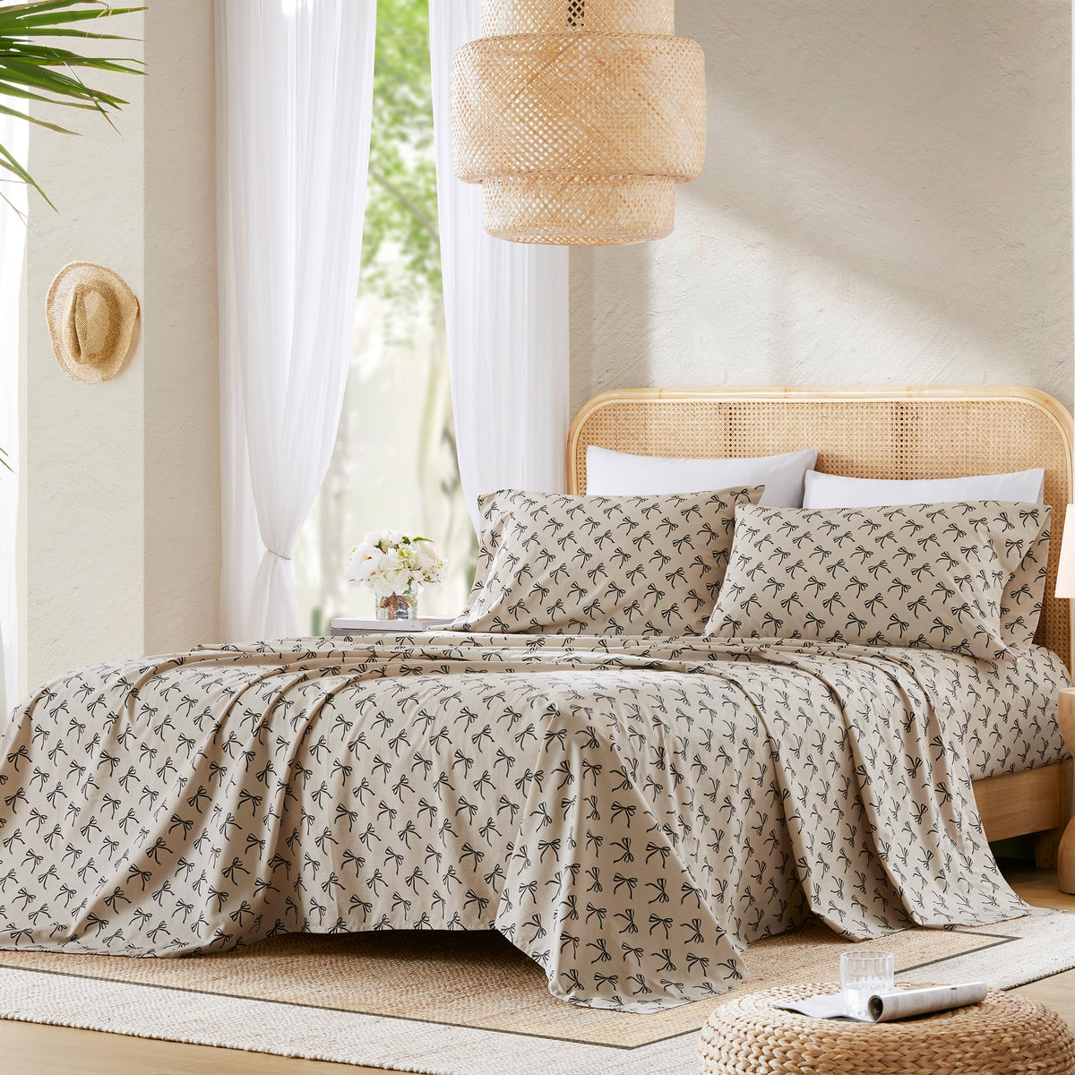 Comfort Spaces Bow Black Taupe pillowcase finished look for bedding set