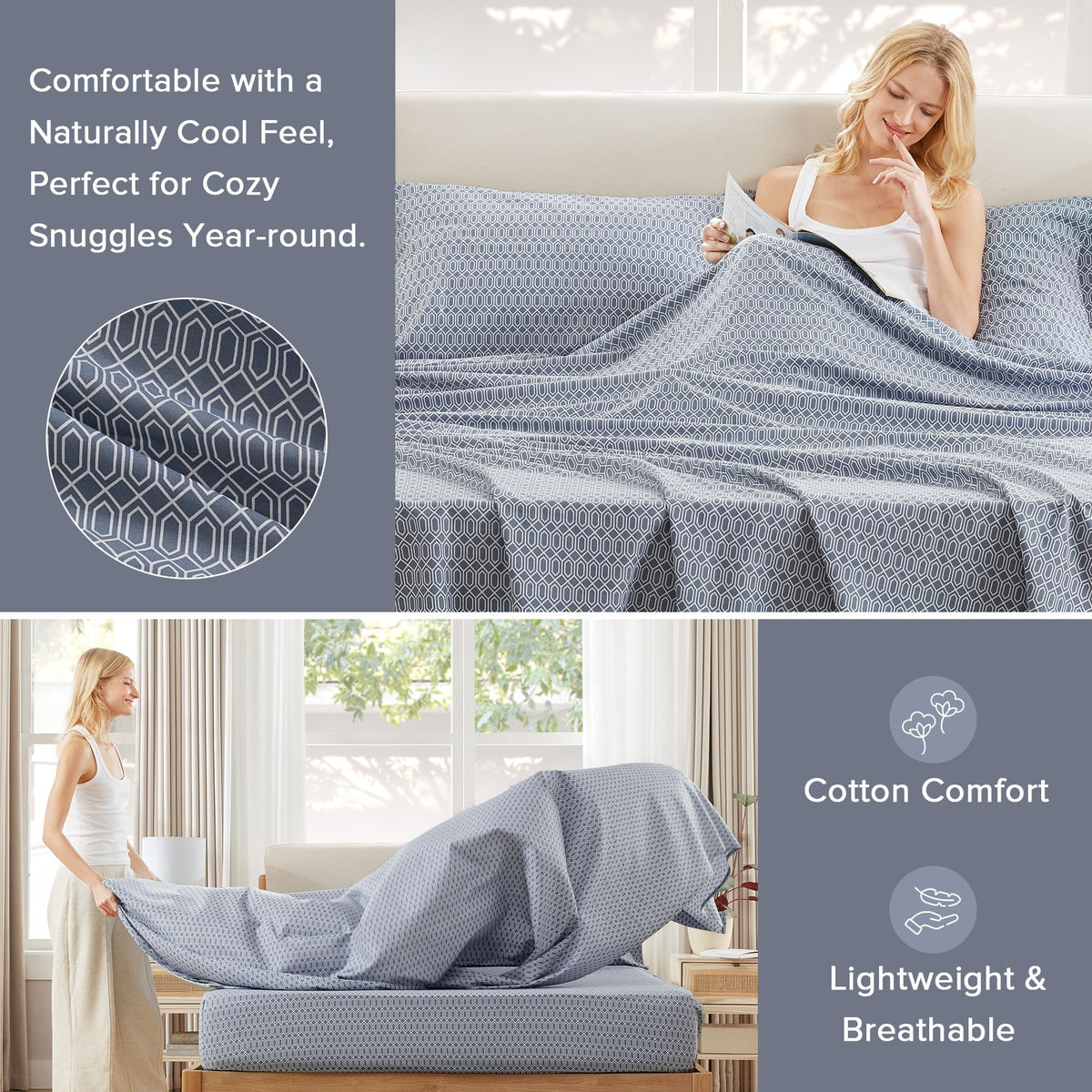 Comfort Spaces Diamond Blue fitted pocket demonstrates secure fit up to 16 inches