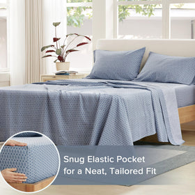 Comfort Spaces Diamond Blue flat sheet spread on bed with crisp edges