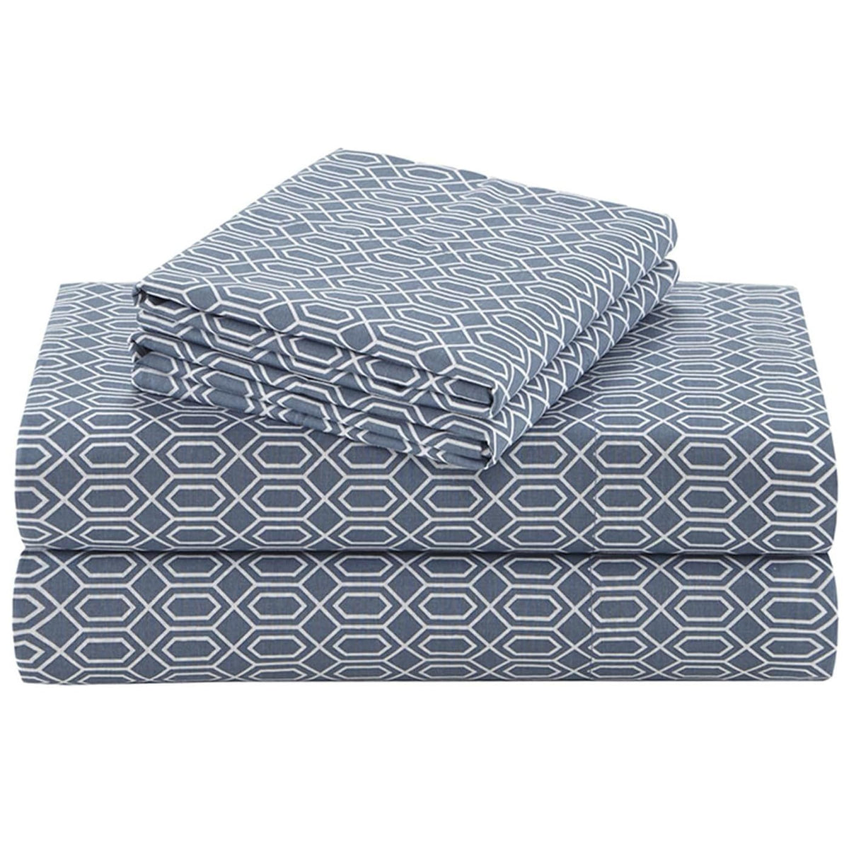 Comfort Spaces Diamond Blue sheet set on bed showing breathable fabric for cool nights