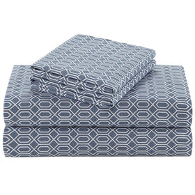 Comfort Spaces Diamond Blue sheet set on bed showing breathable fabric for cool nights