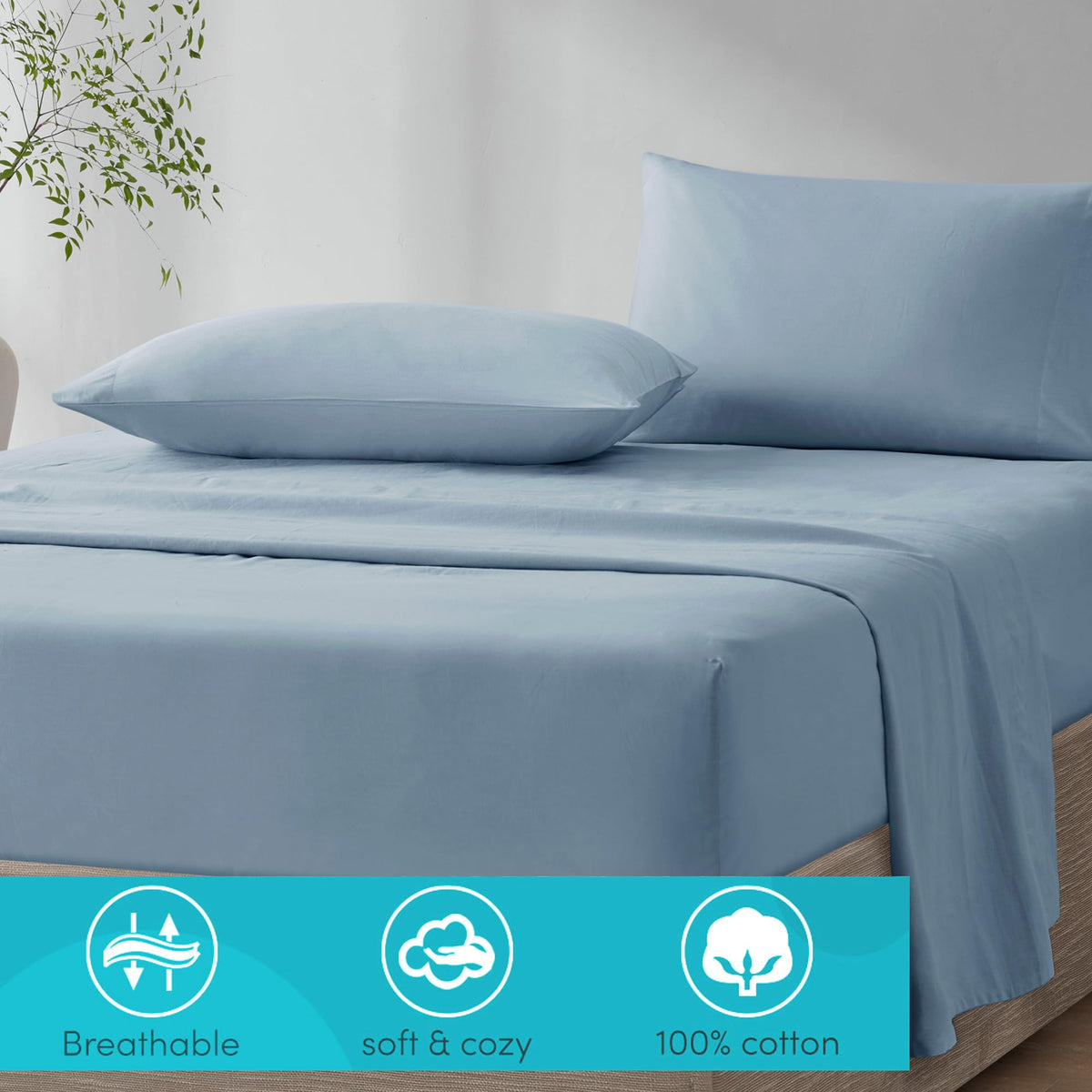 Comfort Spaces flat sheet 66x96 in blue for wide coverage and smooth sleep surface.