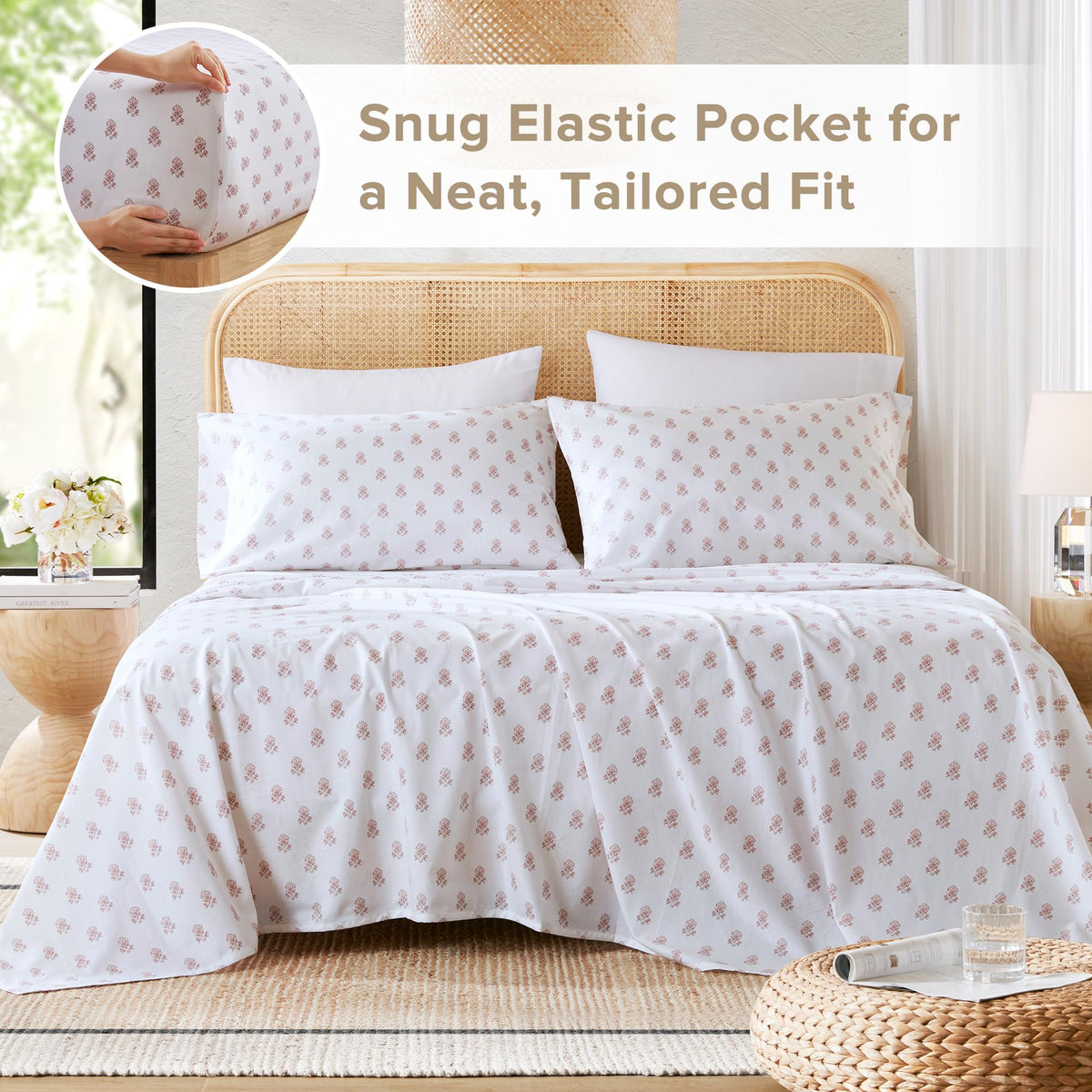 All-seasons versatility of Comfort Spaces floral pink sheet set on a neatly made bed