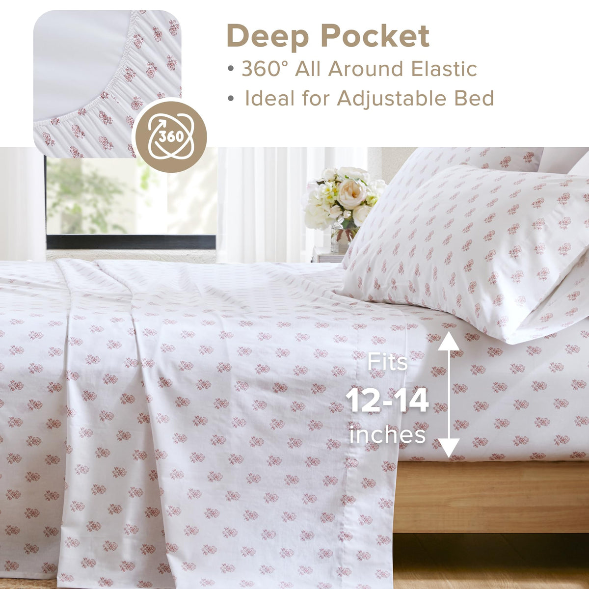 Close-up of 144 thread count cotton texture in Comfort Spaces floral pink sheets