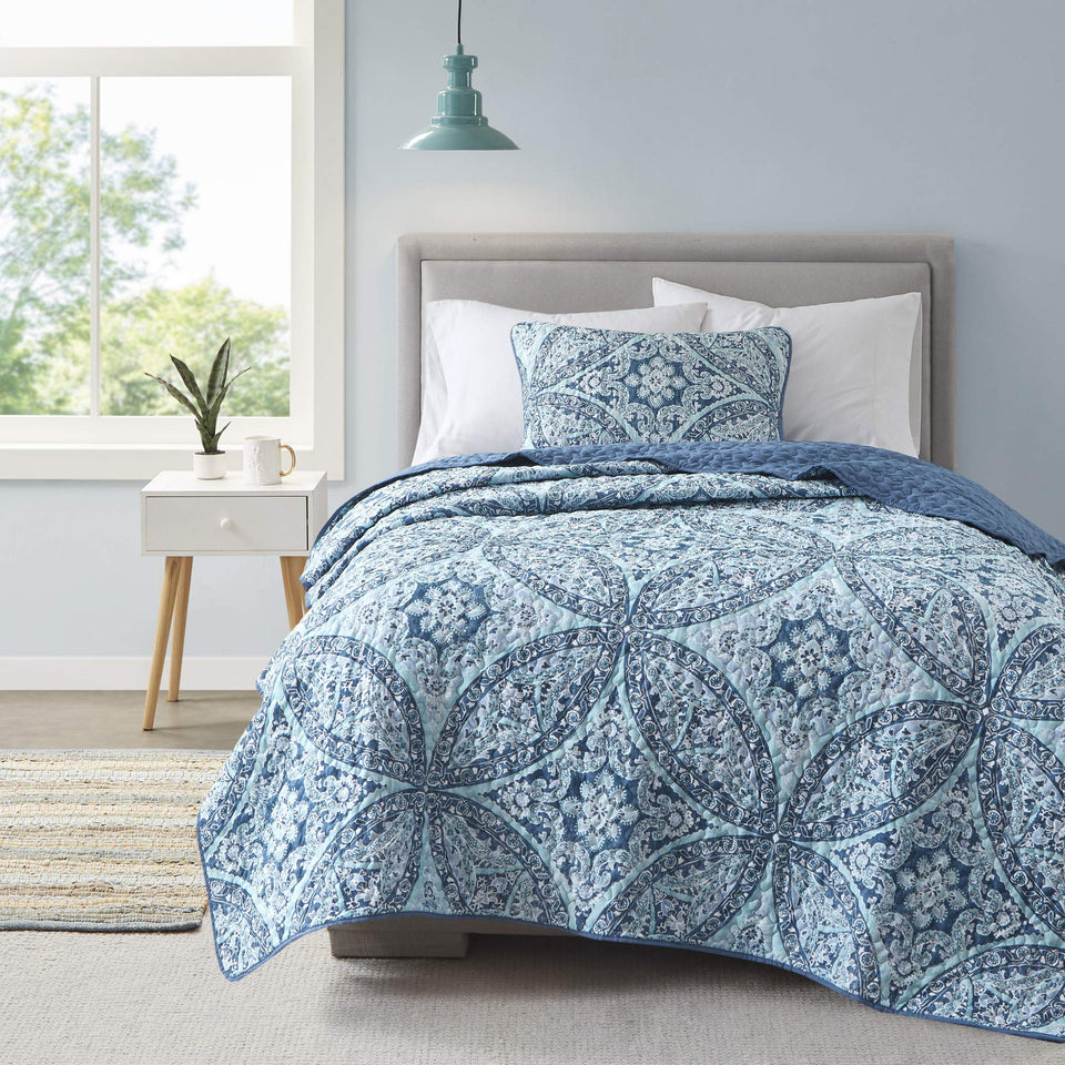 Comfort Spaces Gloria reversible coverlet with medallion pattern offers dual looks.