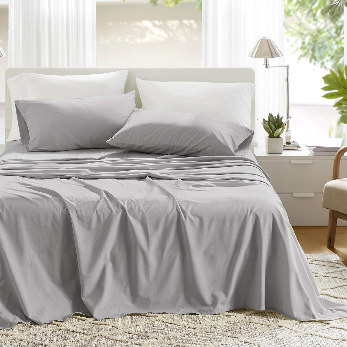 Comfort Spaces grey twin flat sheet shows smooth breathable cotton surface